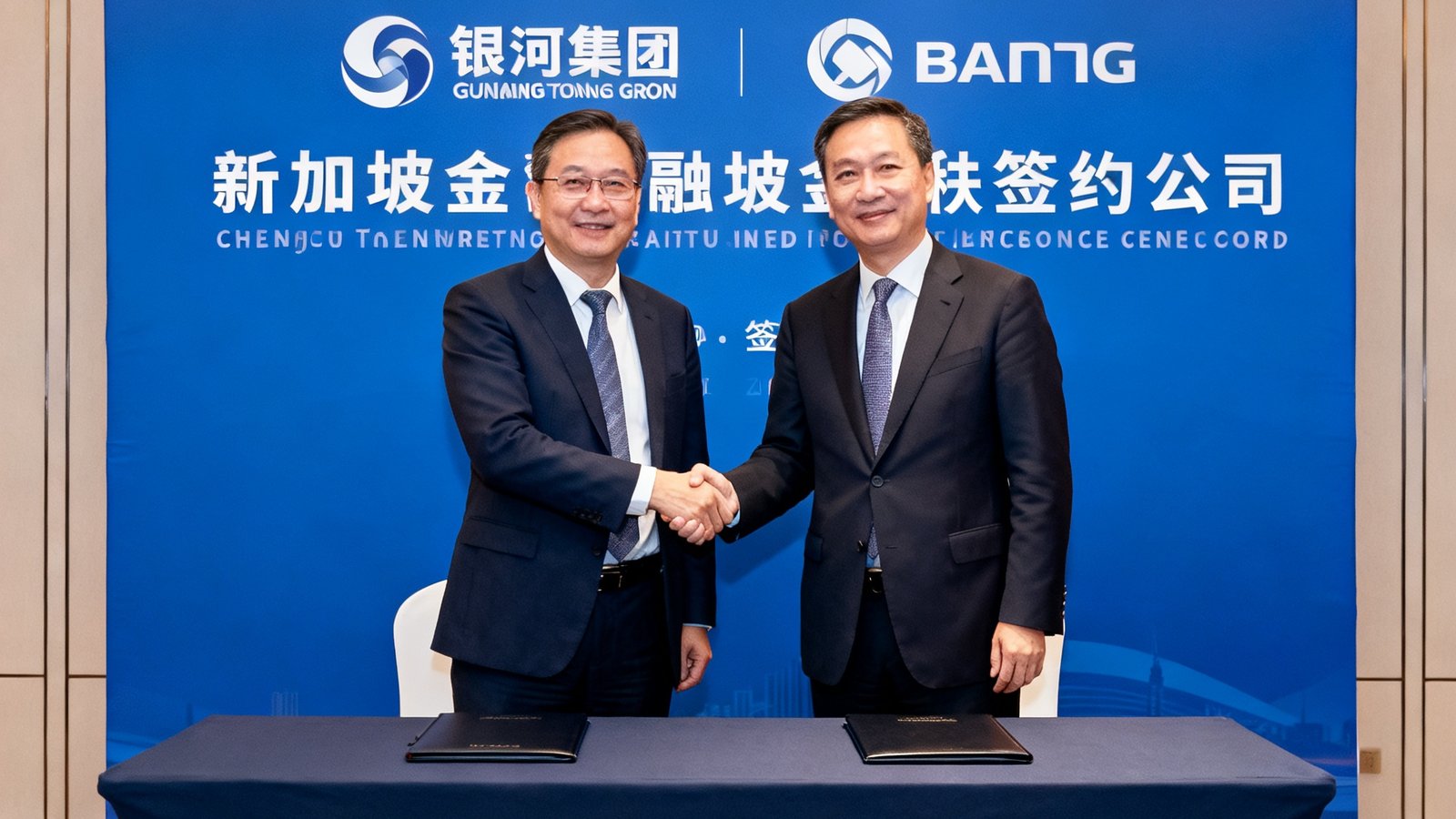 银河集团与新加坡金融科技公司签署战略合作协议的现场照片，双方代表在签约台前握手合影，背景为带有双方企业标识的蓝色背景板