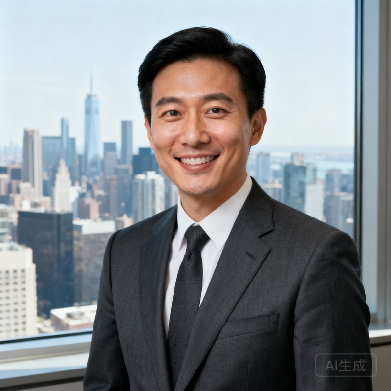 银河集团创始人兼首席执行官张启明先生的职业肖像照，他身着深灰色西装面带微笑，背景为集团总部落地窗外的城市天际线