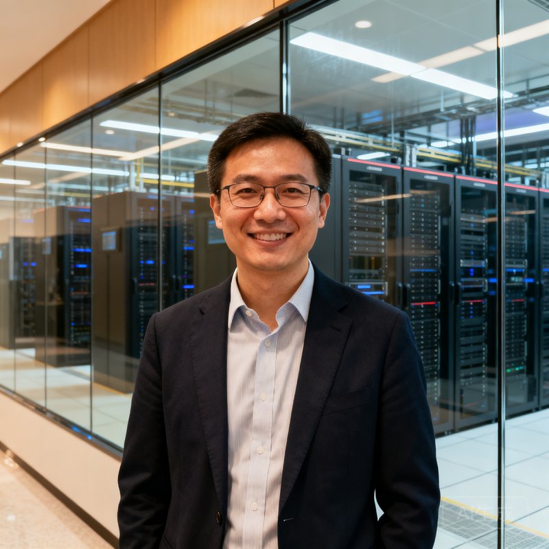 银河集团数据科学副总裁陈浩在数据中心前微笑站立的照片，他身后的玻璃幕墙映射出机房内整齐的服务器机柜